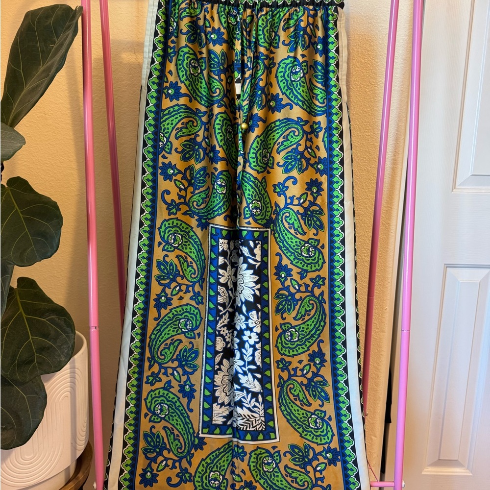 ZARA Print Satin Wide Leg Pant - Green and Blue Paisley